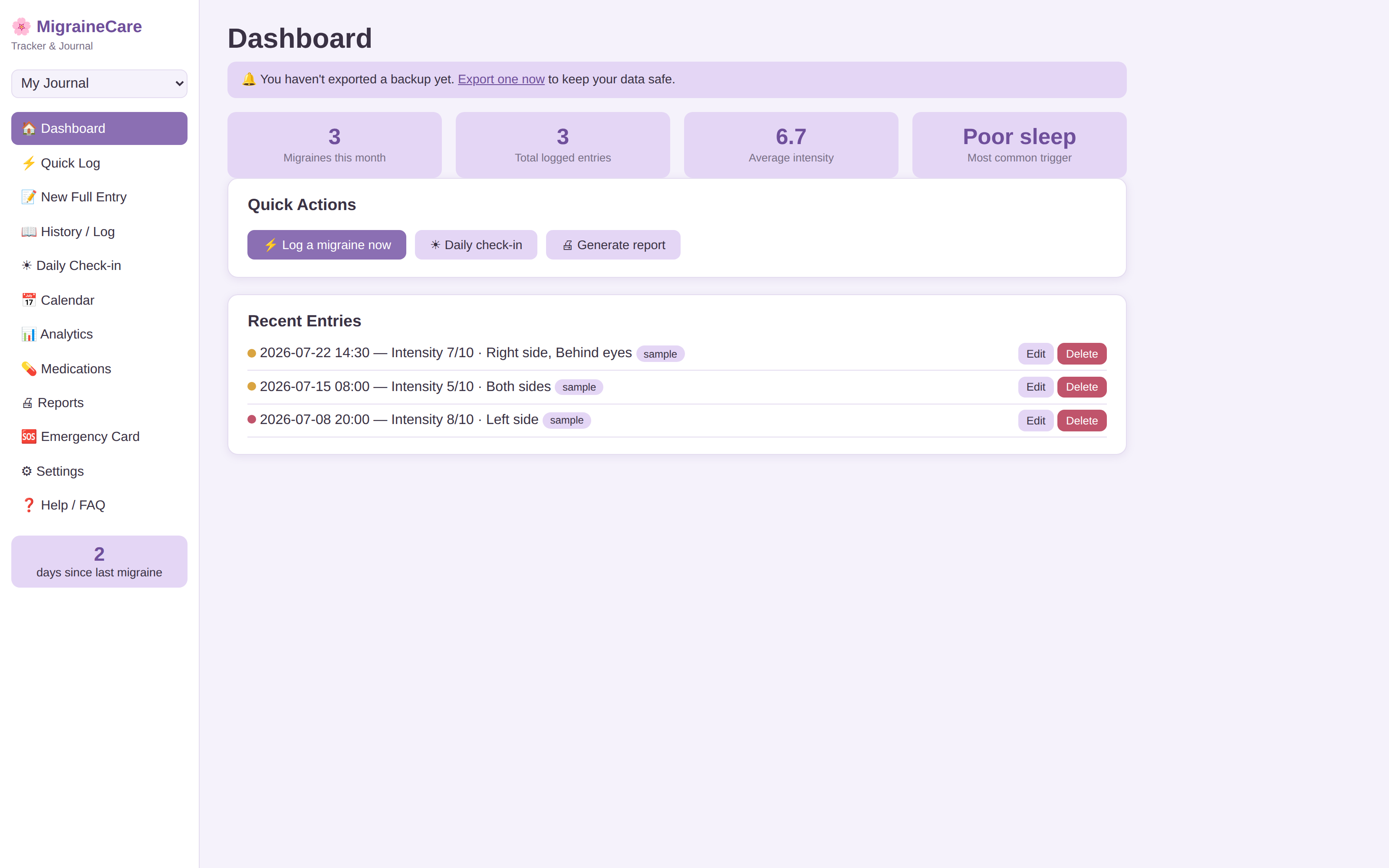 Migraine Tracker — A private migraine episode journal with user-entered pattern summaries