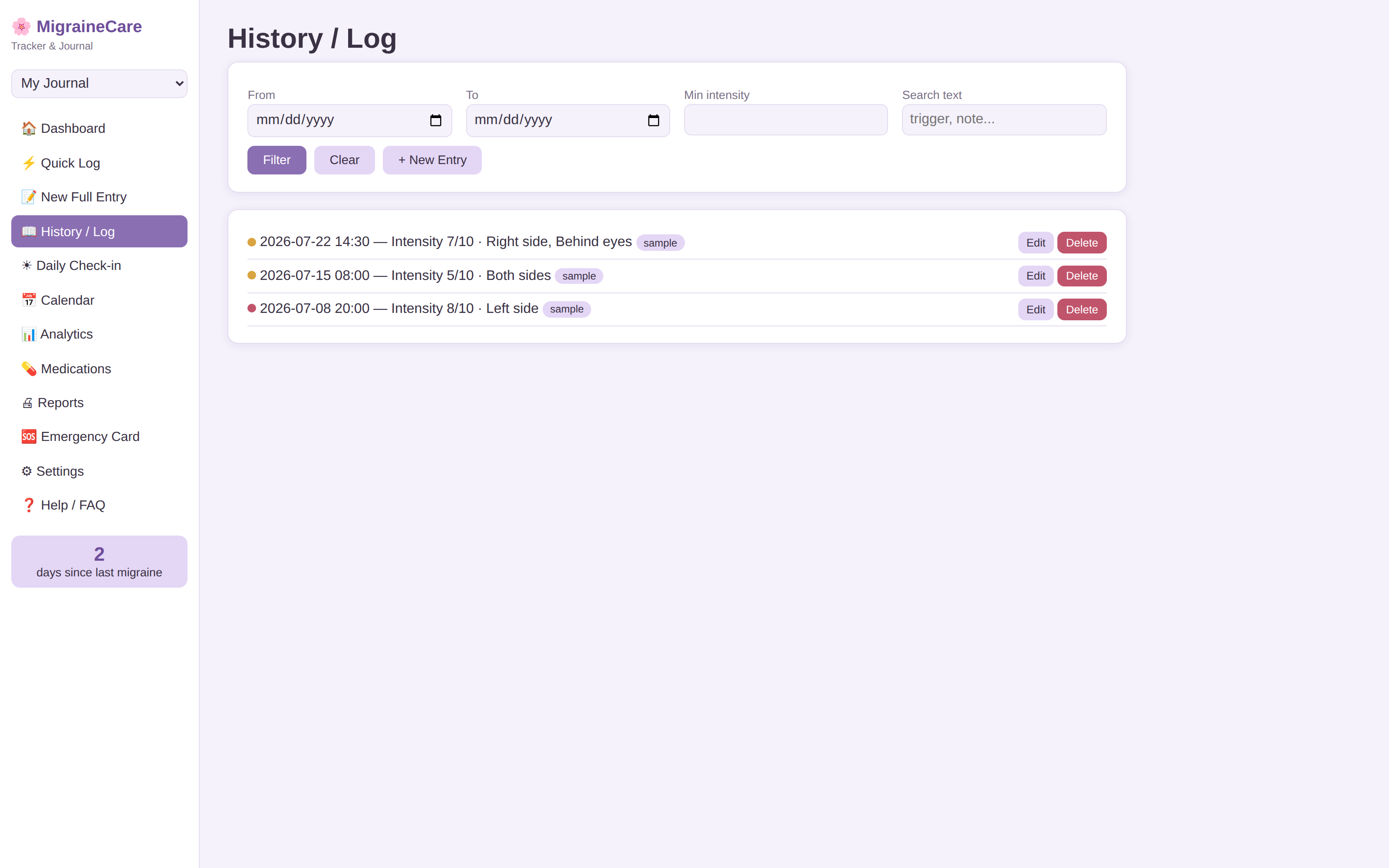 Migraine history screen