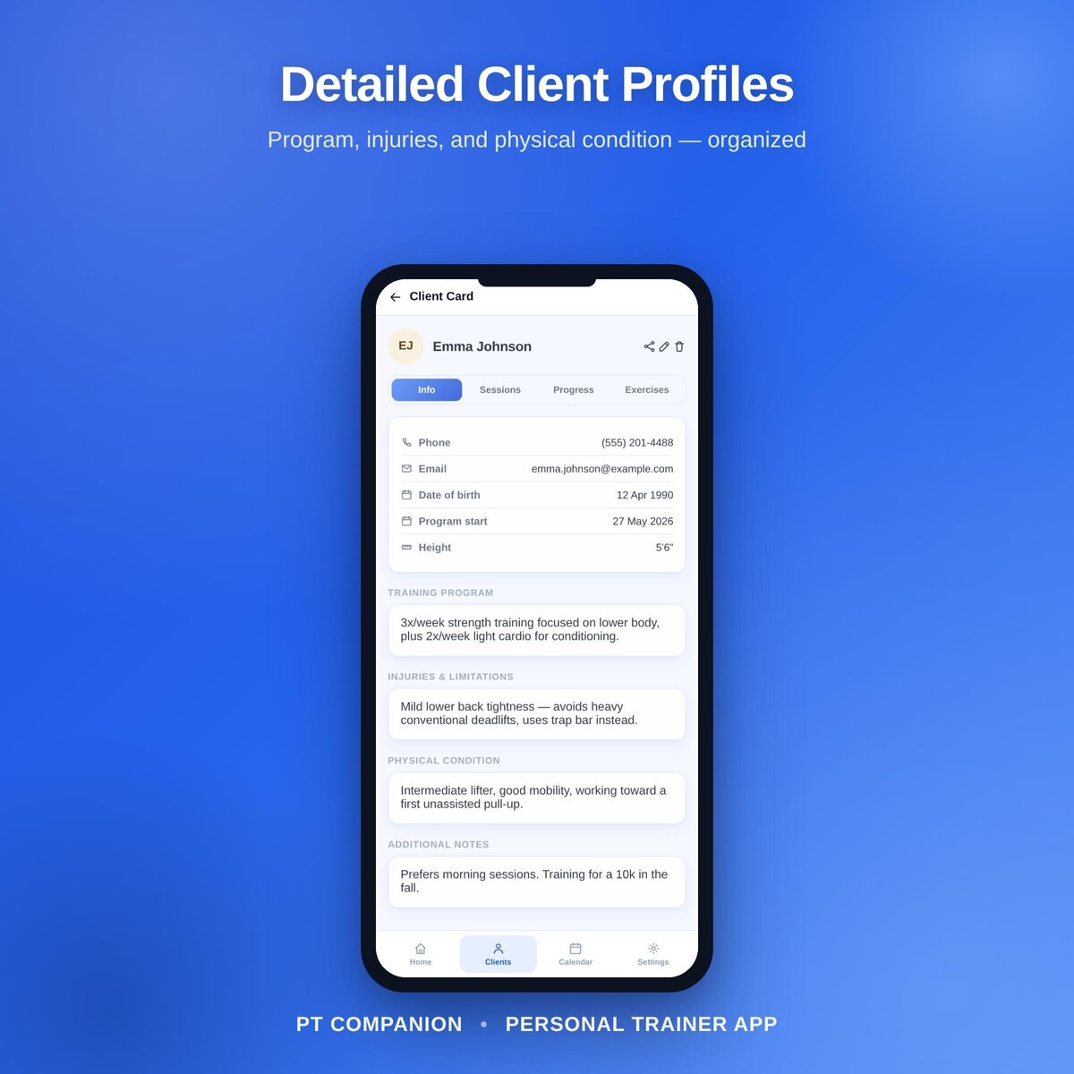 PT Companion client record with program references and user-entered notes