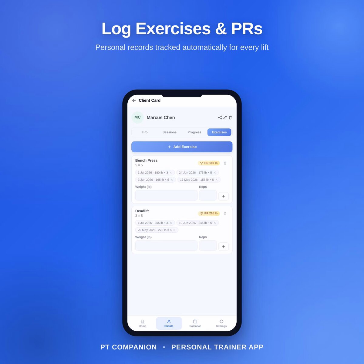 PT Companion exercise history and recorded personal-best entries