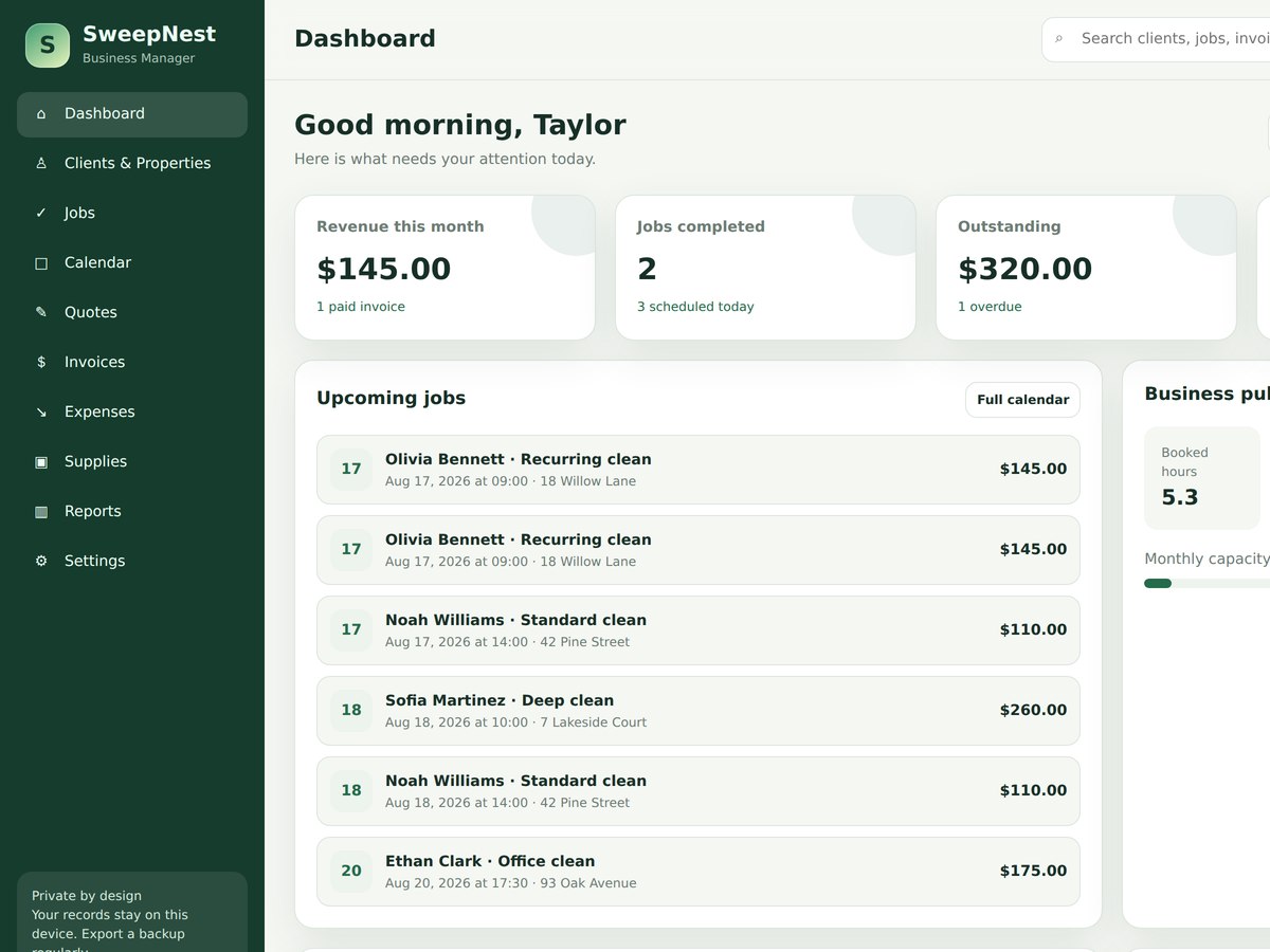 SweepNest — Cleaning Business Manager — Recurring cleans on a real calendar, and the access note you can never remember
