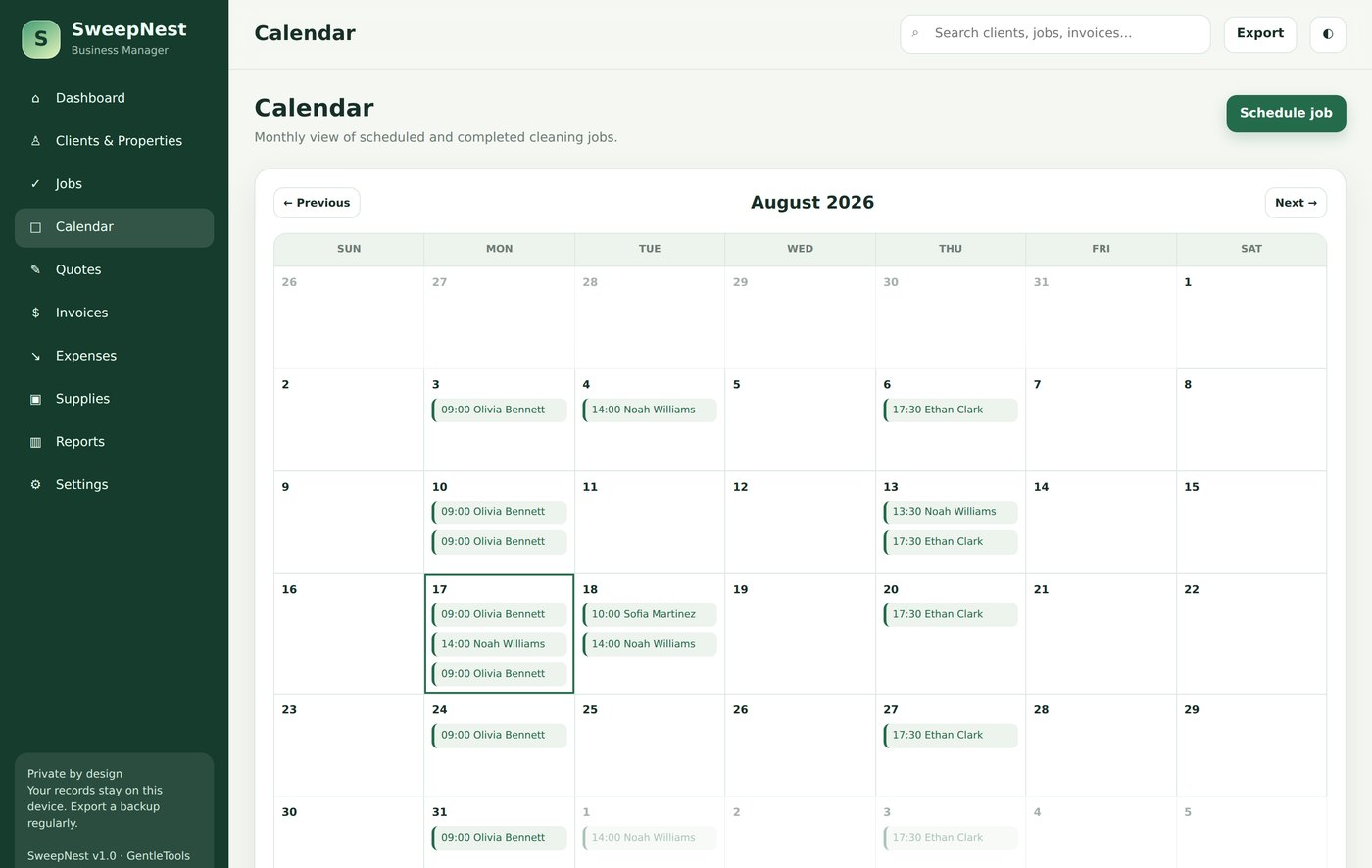 SweepNest month calendar with weekly and biweekly recurring cleans on different weekdays