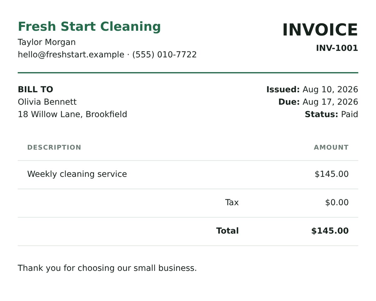 Printable cleaning invoice from SweepNest with business details, bill-to block, tax and total