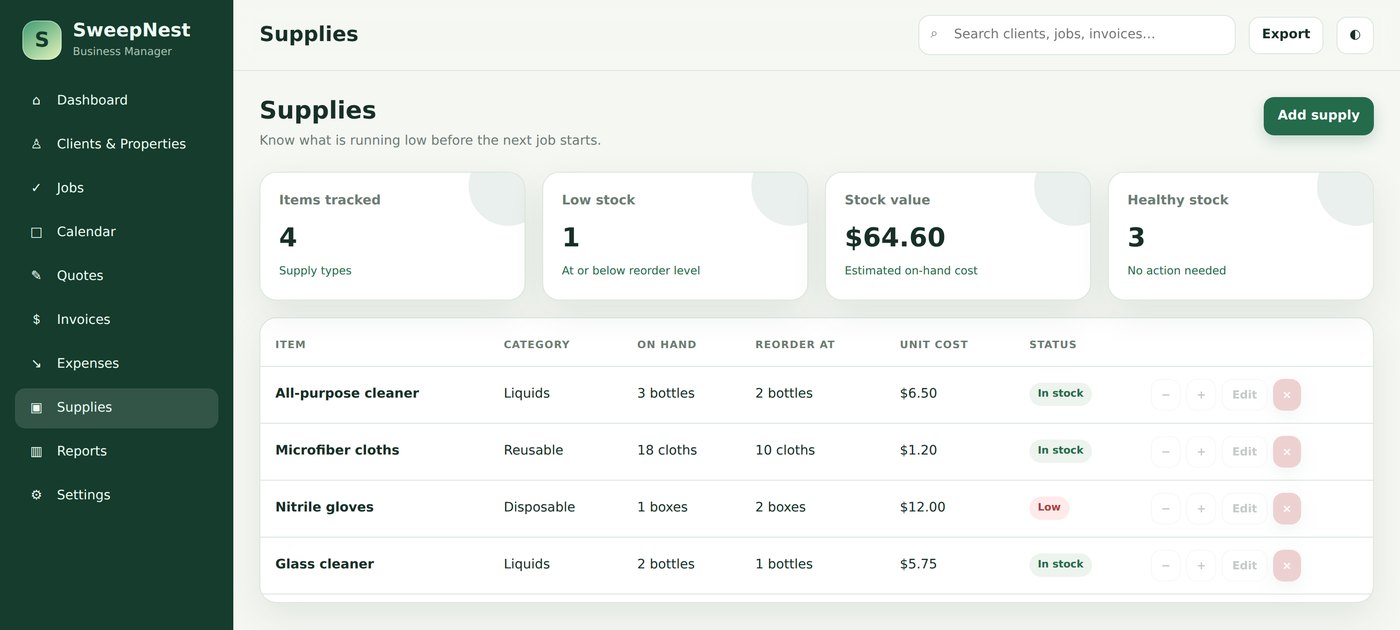 SweepNest supplies screen with on-hand counts, reorder levels and a low stock warning