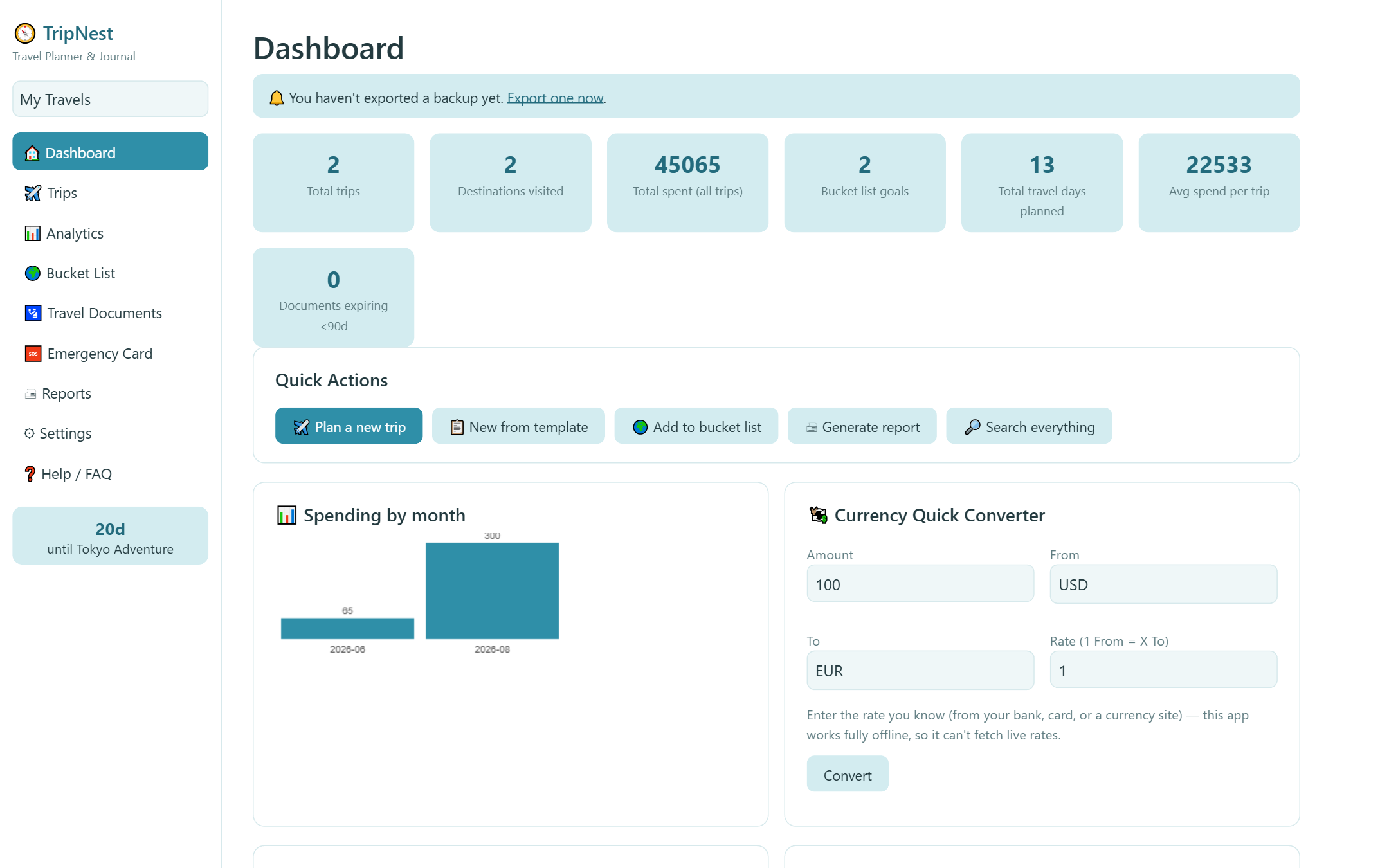 TripNest — Travel Planner & Journal — A travel planner and journal for budgets, itineraries, packing, and the bucket list