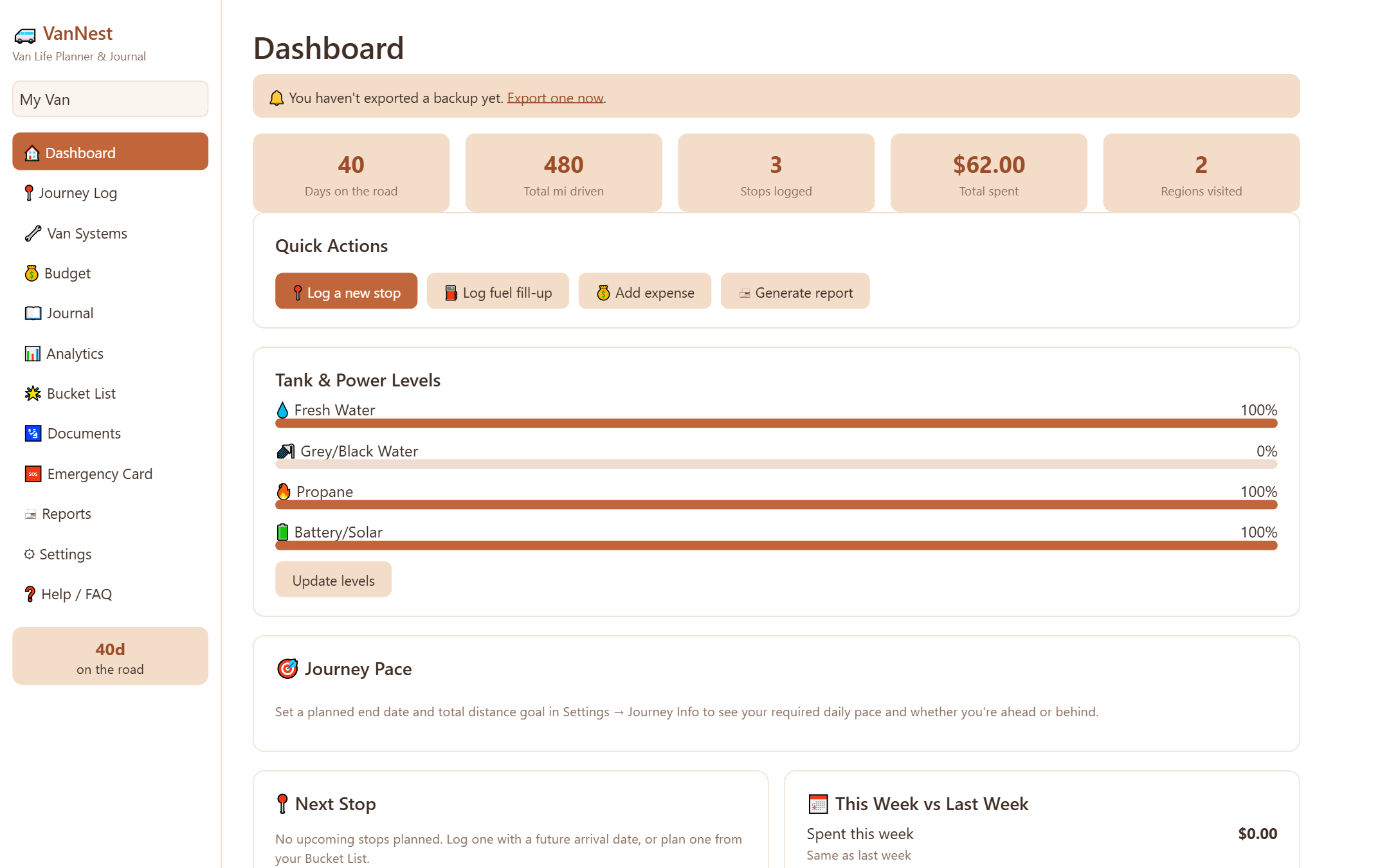 VanNest — Van Life Planner & Journal — A van life planner and journal for the road — maintenance, tanks, fuel, and more