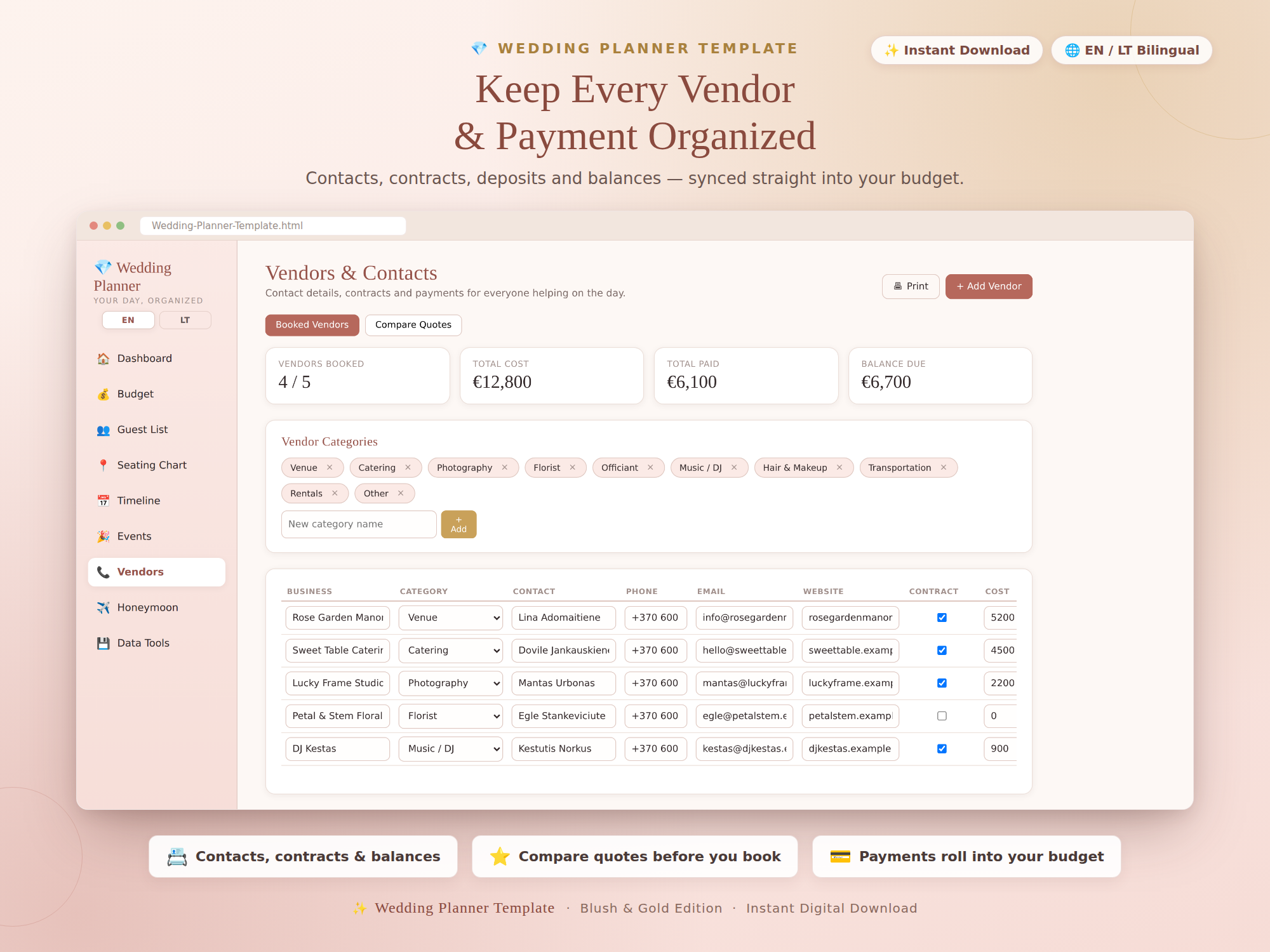 Vendors & contacts screen